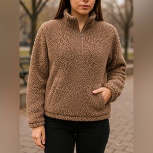 SAGE Collective Small Taupe Sherpa Teddy Fleece Quarter Zip Pullover Sweatshirt